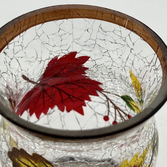 Autumn Oak Maple Leaf Crackle Glass Votive Candle Holder Vase Thanksgiving Decor - Picture 5 of 11